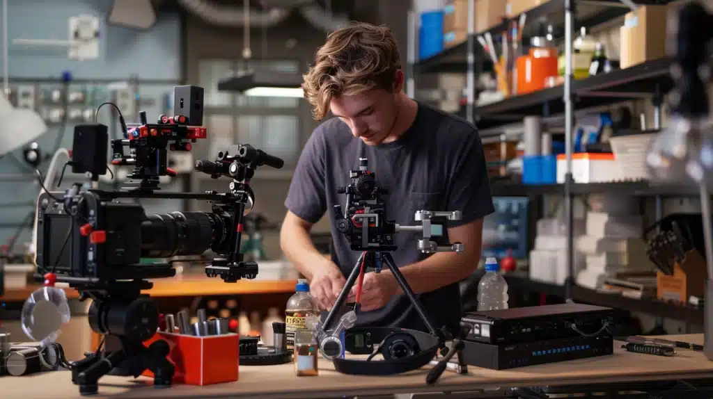a videographer in boston working on his equipment at a work bench