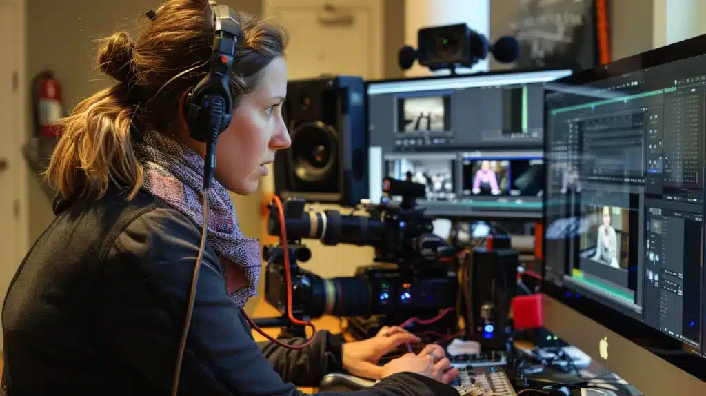 a female videographer in boston editing a video