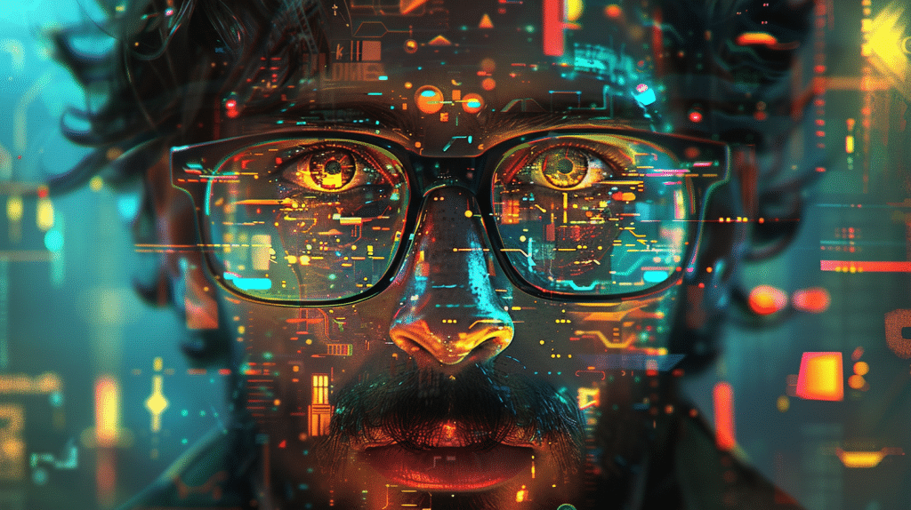 a stylized image of a man wearing glasses, symbolizing: What's SD vs HD vs HDV ? Some techno-geek advice.