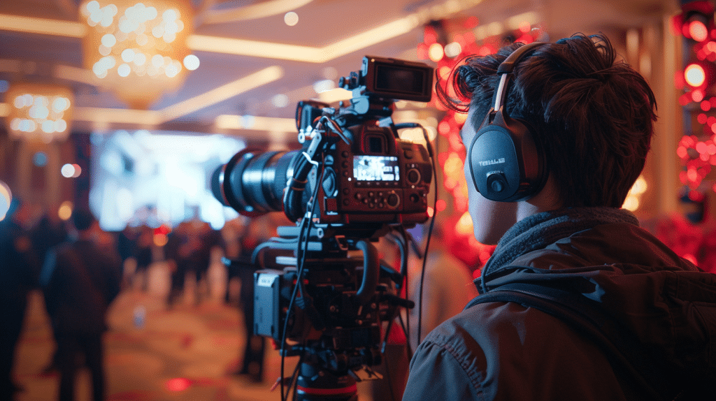 a videographer filming in a hotel ballroom, representing: Why Choose Seasoned Videographers for Grand Events?