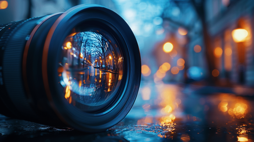 an image of a camera lens, with a beautifully blurred background showcasing a bokeh effect, representing: Crafting Visual Integrity: The Art of Lens Selection in Video Production