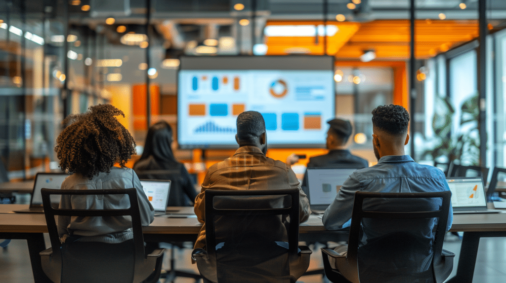 employees watching effective corporate training videos in an office environment