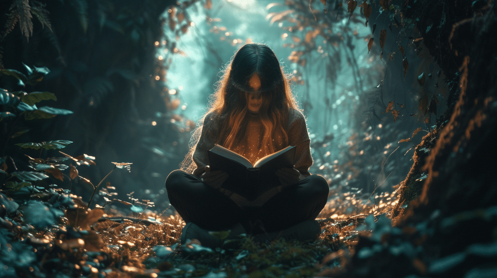storytelling - woman reading a book, stylized