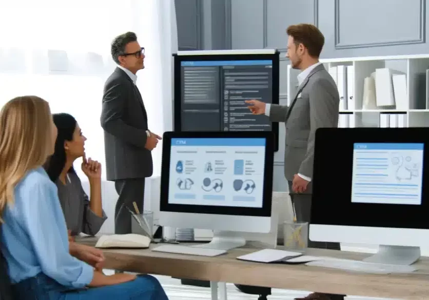 Modern-office-with-computers-displaying-CRM-software-interfaces-professionals-discussing-strategies