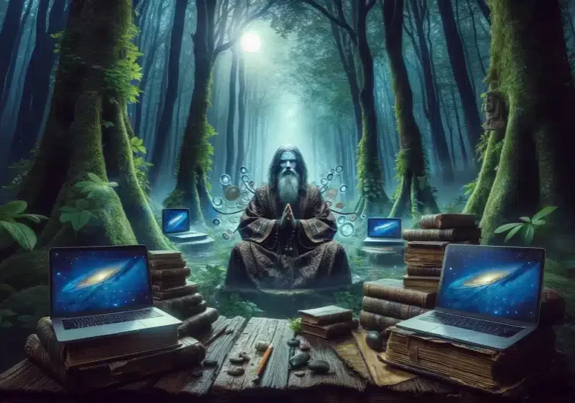 Mystical-forest-setting-with-a-figure-resembling-a-guru-surrounded-by-ancient-books-and-laptops