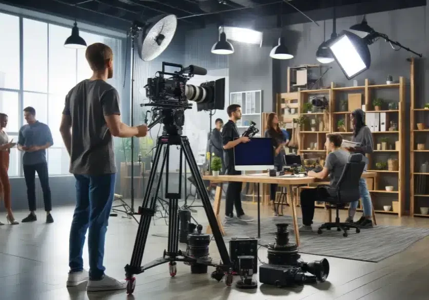 Professional-video-production-set-with-camera-lights-crew-in-action-modern-office-background