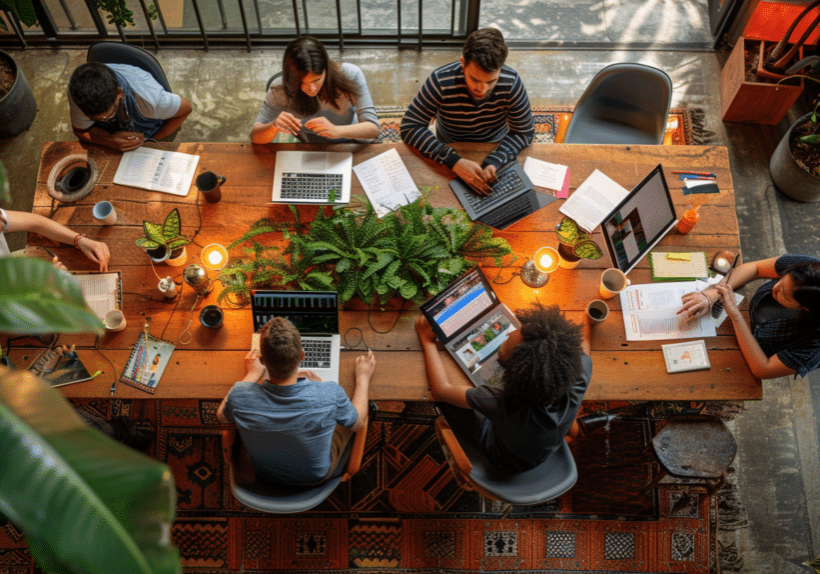 professional seated at a table working together to produce brand videos