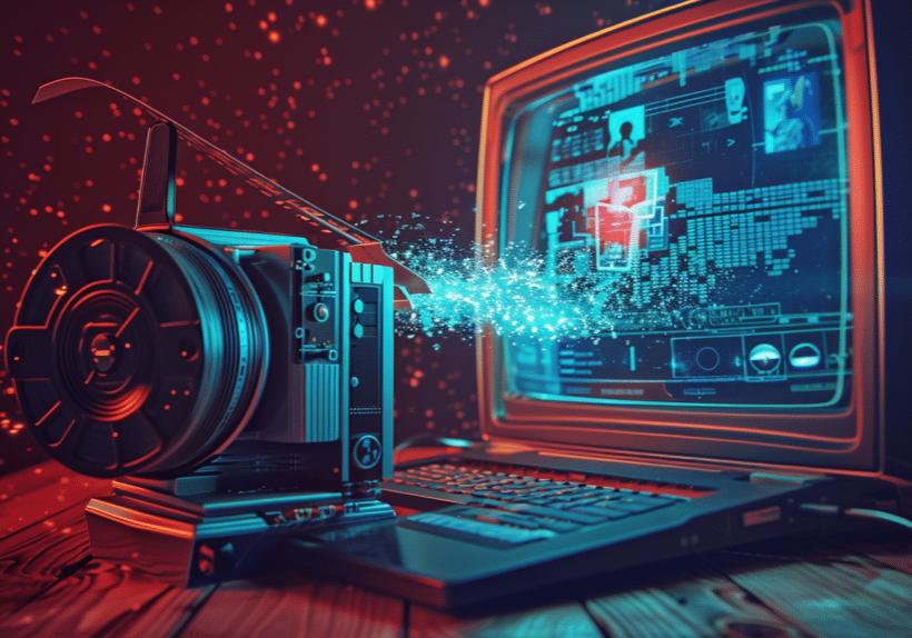 stylized image depicting the evolution of video marketing from the past into the future