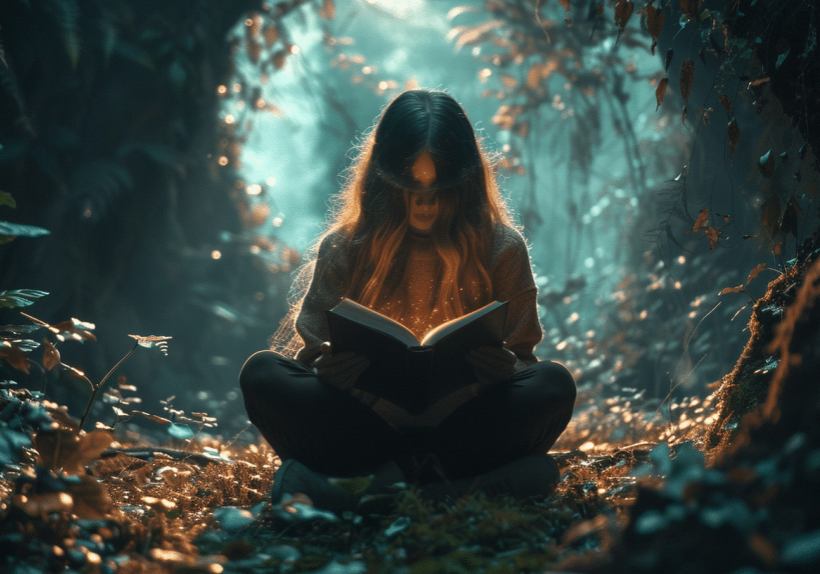 storytelling - woman reading a book, stylized