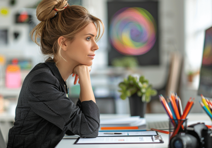 business woman thinking about the creative elements of her video project