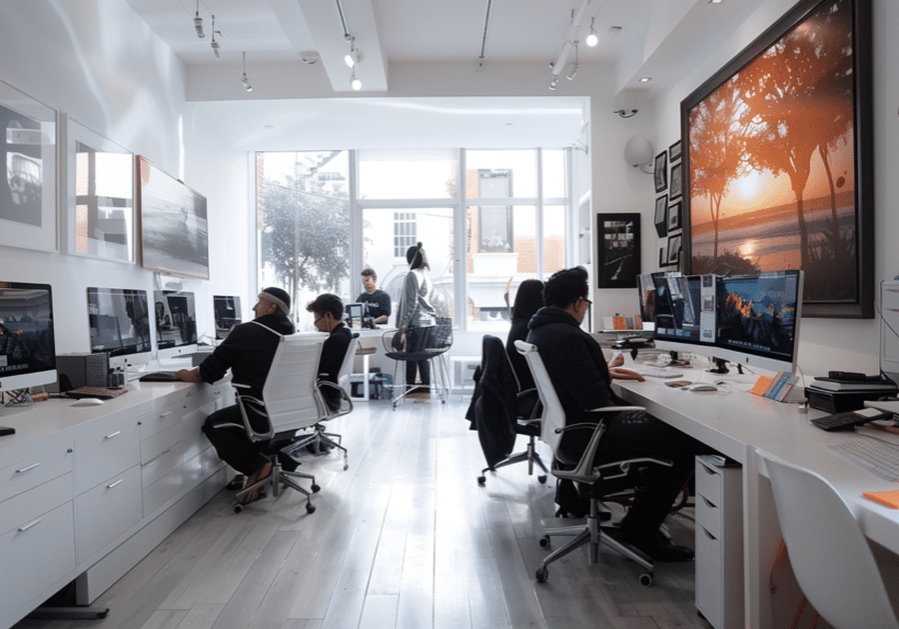 staff working inside a modern video marketing production company office